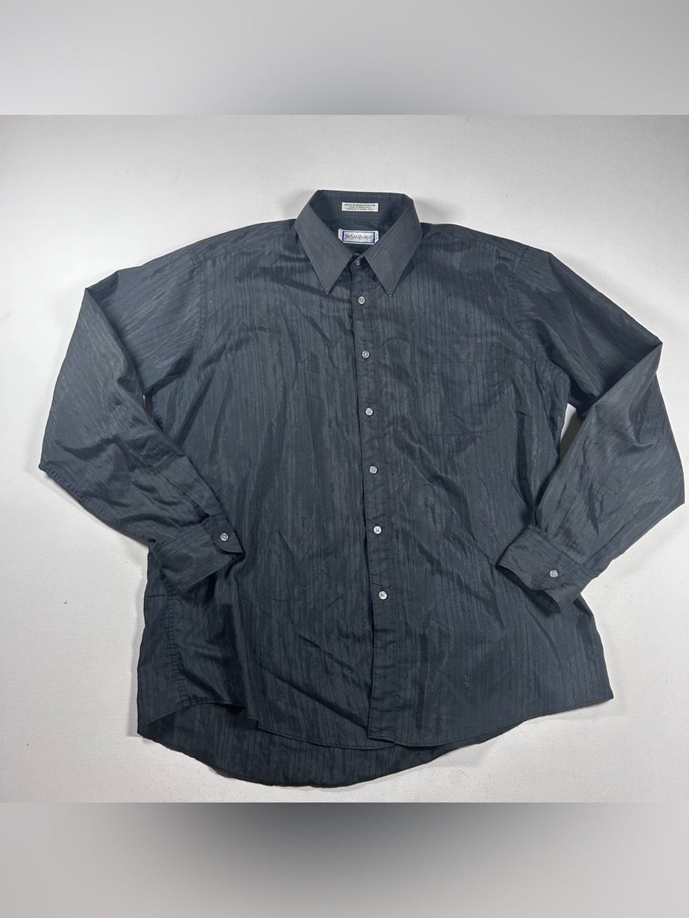Yves Saint Laurent Mens XL 17 34/35 Black Logo AOP Button Down Dress Shirt VTG
